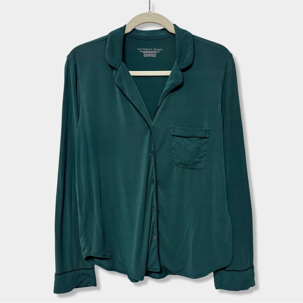Victorias Secret Teal Green & Black Modal Soft Long Pajama Shirt Top XS Regular